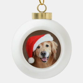 Golden Retriever Hund mit roter Weihnachtsmannmütz Keramik Kugel-Ornament