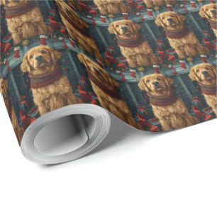 Golden Retriever Hund mit Weihnachtsgeschenk Kamin Geschenkpapier