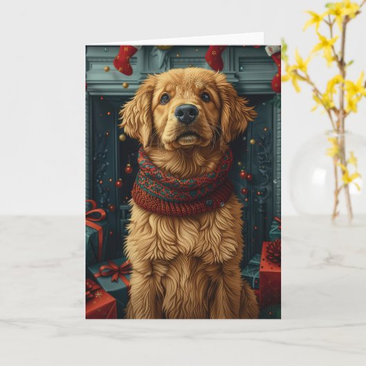 Golden Retriever Hund mit Weihnachtsgeschenk Kamin Karte (Gelbe Blume)