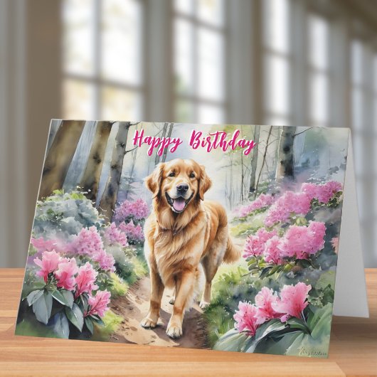 Golden Retriever Hund Pink Blume Glücklich Geburts Karte