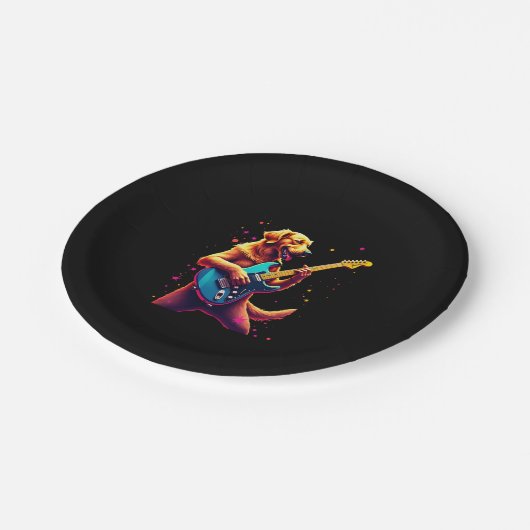 Golden Retriever Hund Playing Electric Guitar Rock Pappteller (Schrägansicht)