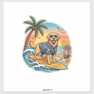 Golden Retriever Hund Surft Surfboard Sonnenunterg Aufkleber