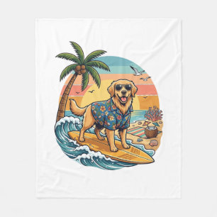 Golden Retriever Hund Surft Surfboard Sonnenunterg Fleecedecke