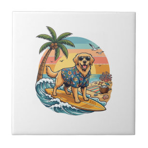 Golden Retriever Hund Surft Surfboard Sonnenunterg Fliese