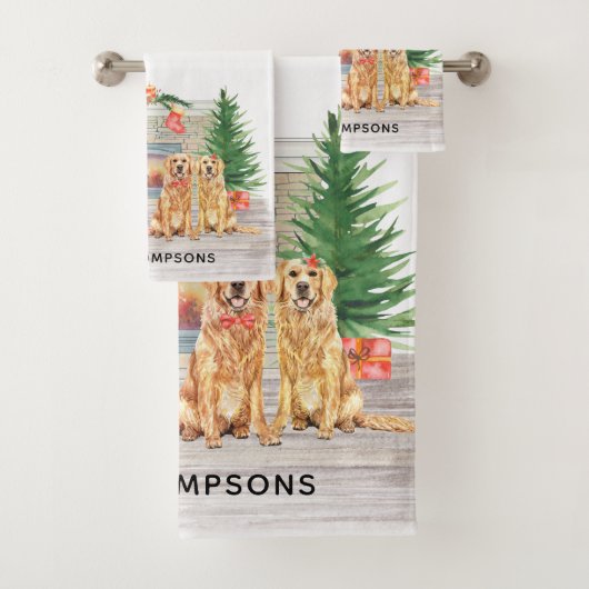 Golden Retriever Hund Weihnachten Feuerplatz Szene Badhandtuch Set (Insitu)