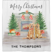 Golden Retriever Hund Weihnachten Feuerplatz Szene Duschvorhang (Vorderseite)