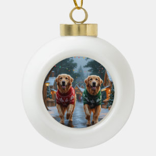 Golden Retriever Hunde Weihnachten Schnee Urlaub Keramik Kugel-Ornament