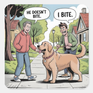 Golden Retriever I Beiße Lustige Cartoon Quadratischer Aufkleber