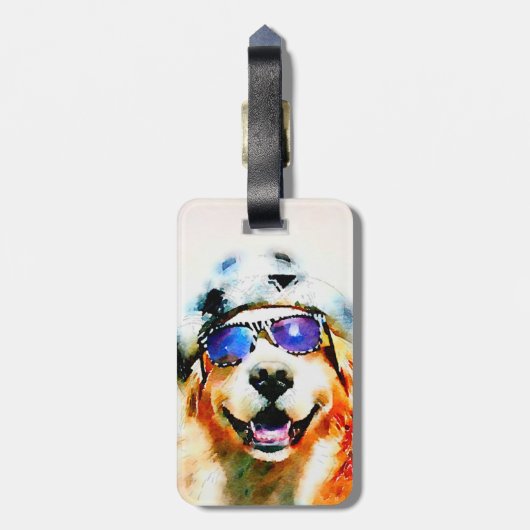 Golden retriever im Hut-und Sonnenbrille-Aquarell Gepäckanhänger (Rückseite vertikal)
