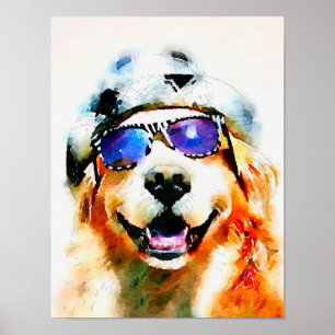 Golden retriever im Hut-und Sonnenbrille-Aquarell Poster