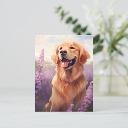 Golden Retriever im Lavendel-Feld Postkarte (Stehend Vorderseite)