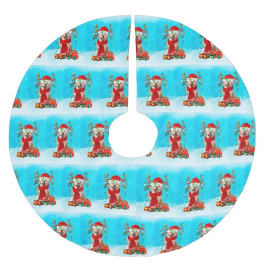 Golden Retriever im Schnee mit Weihnachtsgeschenke Polyester Weihnachtsbaumdecke (Vorderseite)