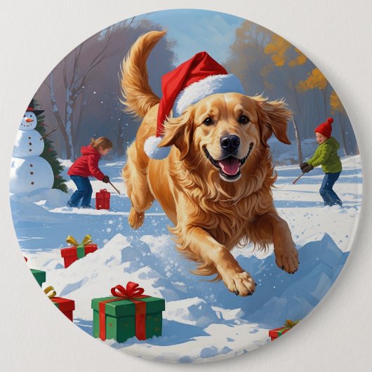 Golden Retriever im Schnee mit Weihnachtshut Button (Vorderseite)