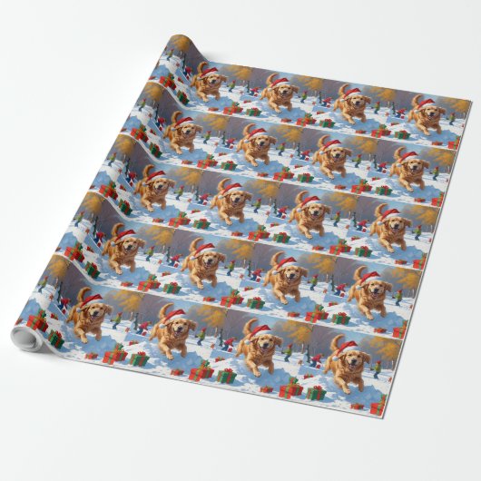 Golden Retriever im Schnee mit Weihnachtshut Geschenkpapier (Ungerollt)