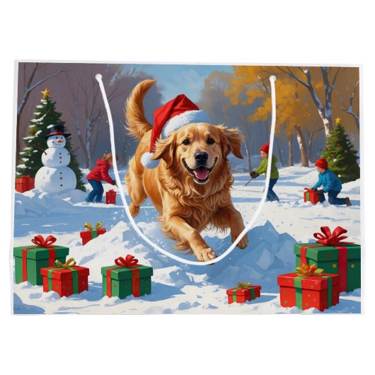 Golden Retriever im Schnee mit Weihnachtshut Große Geschenktüte (Rückseite)