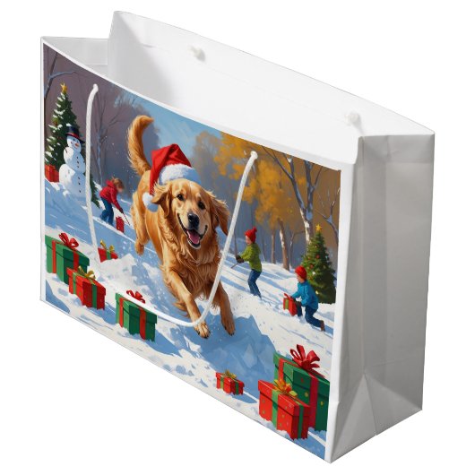 Golden Retriever im Schnee mit Weihnachtshut Große Geschenktüte (Vorderseite Schrägansicht)