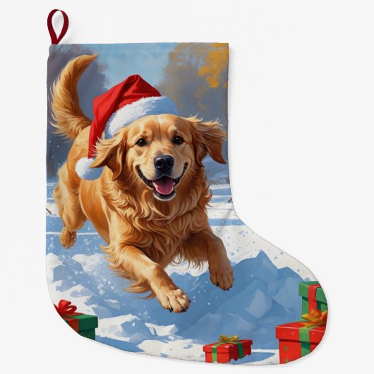 Golden Retriever im Schnee mit Weihnachtshut Großer Weihnachtsstrumpf (Vorderseite)