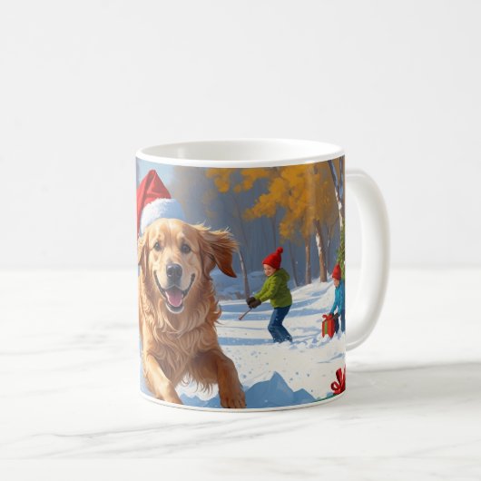 Golden Retriever im Schnee mit Weihnachtshut Kaffeetasse (VorderseiteRechts)
