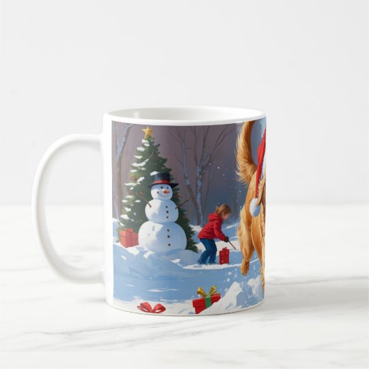 Golden Retriever im Schnee mit Weihnachtshut Kaffeetasse (Links)
