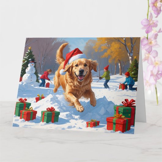 Golden Retriever im Schnee mit Weihnachtshut Karte (Orchidee)