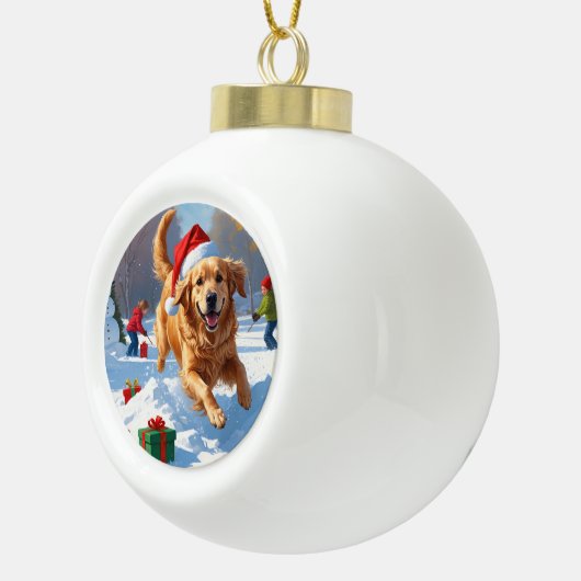 Golden Retriever im Schnee mit Weihnachtshut Keramik Kugel-Ornament (Rechts)