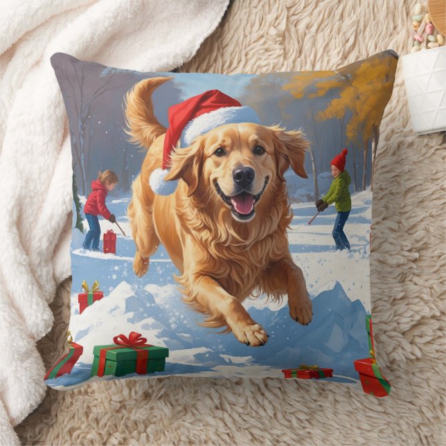 Golden Retriever im Schnee mit Weihnachtshut Kissen (Decke)