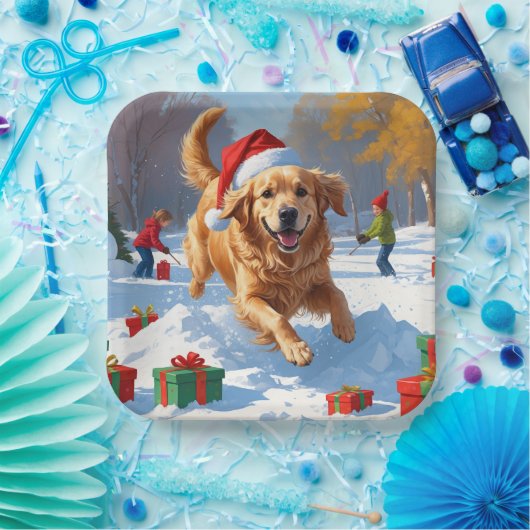 Golden Retriever im Schnee mit Weihnachtshut Pappteller (Party)