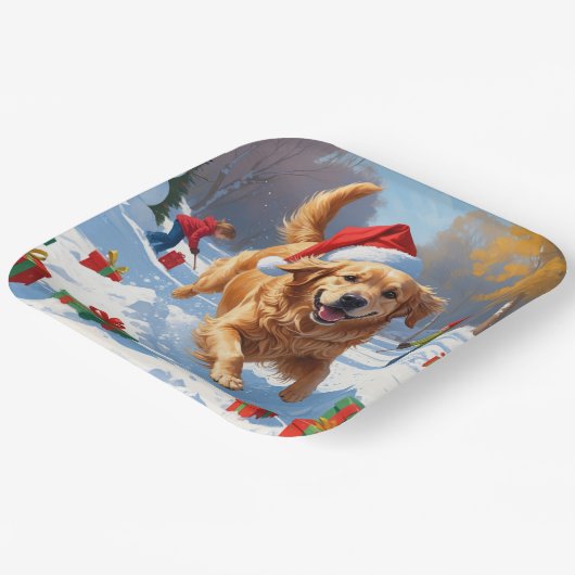 Golden Retriever im Schnee mit Weihnachtshut Pappteller (Gewinkelt)