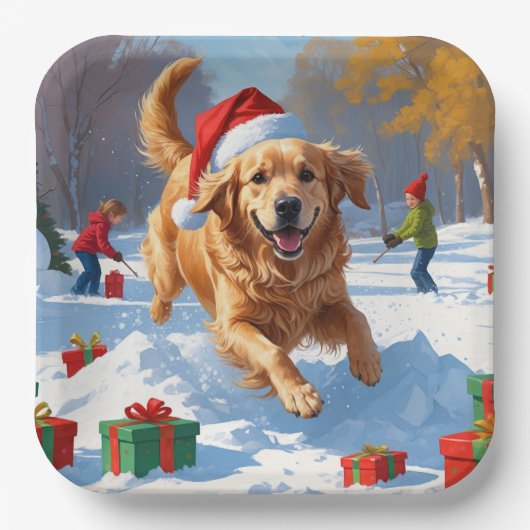 Golden Retriever im Schnee mit Weihnachtshut Pappteller (Vorderseite)