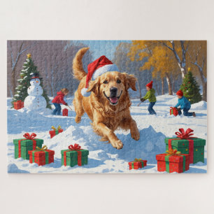 Golden Retriever im Schnee mit Weihnachtshut Puzzle