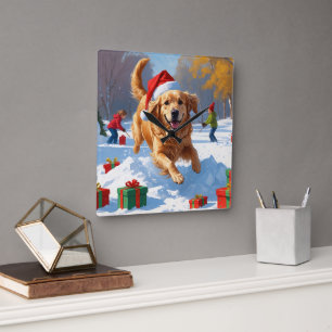 Golden Retriever im Schnee mit Weihnachtshut Quadratische Wanduhr