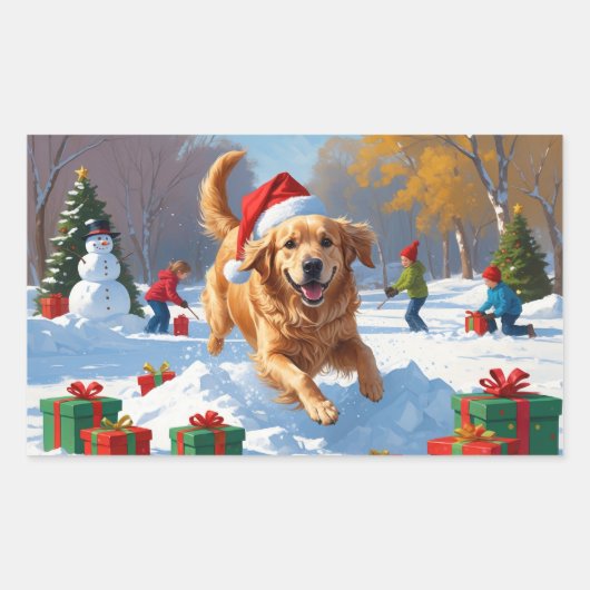 Golden Retriever im Schnee mit Weihnachtshut Rechteckiger Aufkleber (Vorderseite)