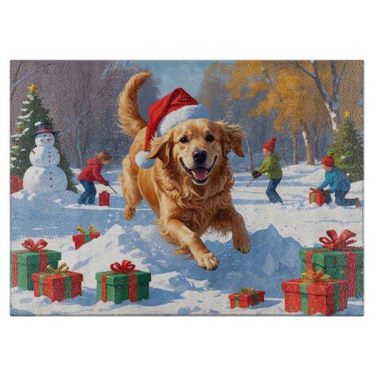 Golden Retriever im Schnee mit Weihnachtshut Schneidebrett (Vorderseite)