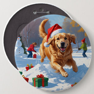 Golden Retriever im Schnee mit Weihnachtsmütze Button