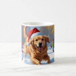 Golden Retriever im Schnee mit Weihnachtsmütze Kaffeetasse