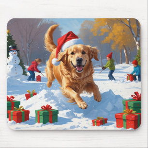 Golden Retriever im Schnee mit Weihnachtsmütze Mousepad