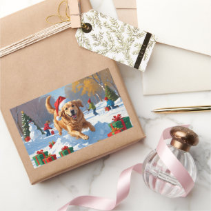 Golden Retriever im Schnee mit Weihnachtsmütze Rechteckiger Aufkleber
