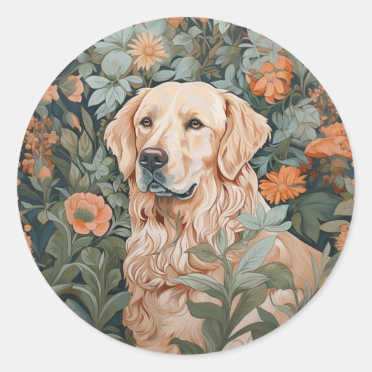 Golden Retriever im Stil von William Morris Runder Aufkleber (Vorderseite)