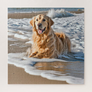 Golden Retriever in Beach Wave Puzzle