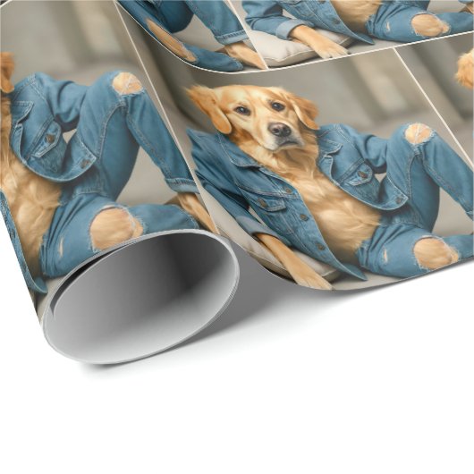 Golden Retriever in Blue Jeans Geschenkpapier (Rolleneckpunkt)