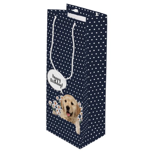 Golden Retriever in den Gängen auf Polka-Punkten Geschenktüte Für Weinflaschen (Vorderseite Schrägansicht)