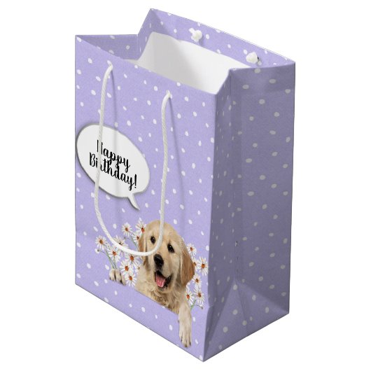 Golden Retriever in den Gängen auf Polka-Punkten Mittlere Geschenktüte (Vorderseite Schrägansicht)