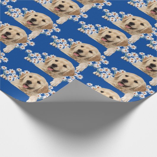Golden Retriever in den Gänsen auf blau Geschenkpapier (Ecke)