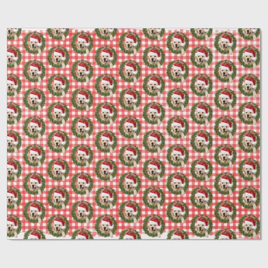 Golden Retriever in Green Wreath auf Gingham Geschenkpapier (Flach)