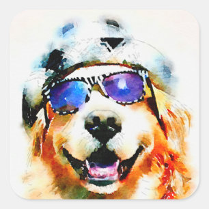 Golden Retriever in Hut und Sonnenbrille Wasserfar Quadratischer Aufkleber