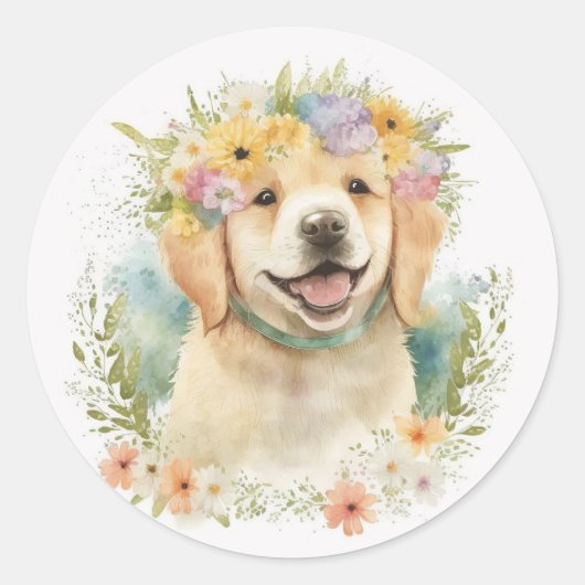 Golden Retriever in Laurel Wreath Runder Aufkleber (Vorderseite)