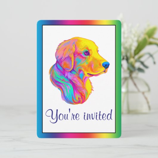 Golden Retriever in Rainbow Einladung (Stehend Vorderseite)