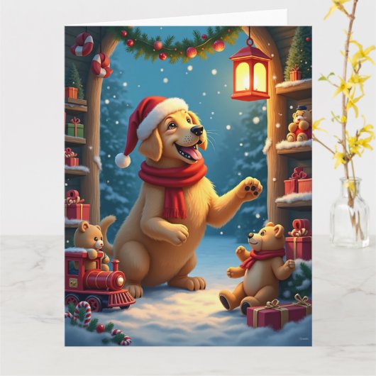 Golden Retriever in Santa’s Workshop Christmas Karte (Gelbe Blume)