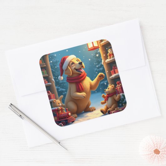 Golden Retriever in Santa’s Workshop Christmas Quadratischer Aufkleber (Umschlag)