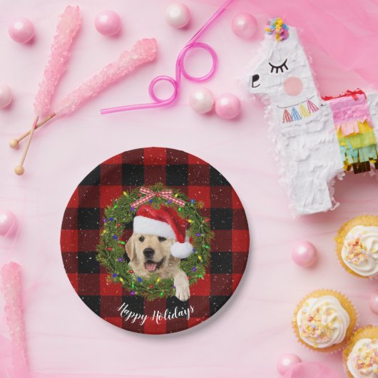 Golden Retriever Kranz auf Büffel kariert Pappteller (Party)